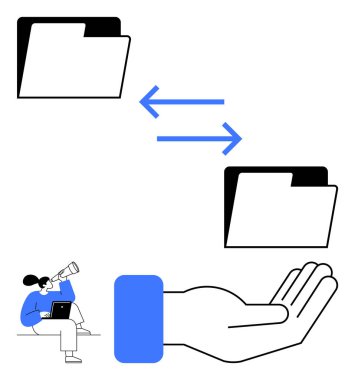Oklarla veri alışverişi yapan iki klasör, bir elle destekleniyor. Dizüstü bilgisayar ve teleskop kullanan bir kadın. Basit teknoloji, dosya paylaşımı, işbirliği, organizasyon, bulut depolama, veri yönetimi için ideal