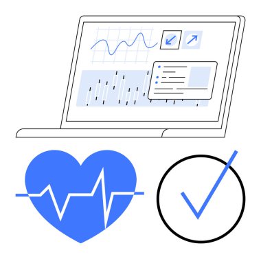 Veri grafikleri ve grafikleri gösteren dizüstü bilgisayar, ECG çizgisi olan kalp simgesi ve kontrol işareti. Sağlık, tanı, izleme, teknoloji, veri analizi tıbbi araştırma dijital sağlığı için idealdir. Düz