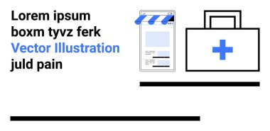Çizgili güneşlik ve haç simgesi ile işaretlenmiş tıbbi çantanın yanında mobil uygulama mağazası önü. Teletıp için ideal, sağlık uygulamaları, e-ticaret, girişimler, teknoloji, tıp, basit