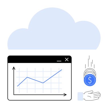Grafik penceresinin üstünde bulut, yukarı doğru eğilimli ve el yakalayan bozuk paralar. Veri analizi, yatırım, teknoloji, finans, bulut hesaplama, gelir ve yenilik için ideal. Düz basit metafor