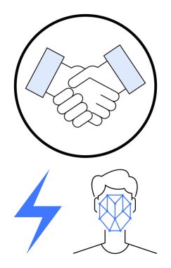 Çember içinde el sıkışma ikonu, yüz tanıma sistemi bir ana hat üzerinde, ve mavi yıldırım. Ortaklık, güven, teknoloji, yenilik, kimlik enerjisi ekip çalışması için idealdir. Düz basit