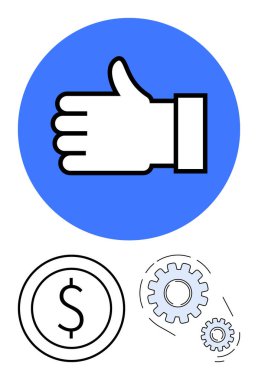 Dolar işareti ve viteslerin üzerinde mavi daireli bir jest. İş, finans, başarı, verimlilik, destek, takım çalışması, gelişim kavramları için idealdir. Düz basit metafor