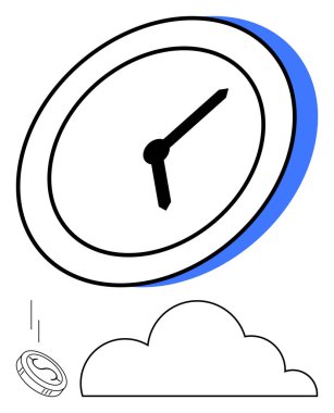 Zaman, değer, kararlar ve öncelikleri yansıtan bulut kavramları üzerinden saat ve aşağı doğru para. İş, finans, verimlilik, planlama, zaman yönetimi soyut analiz dairesi için idealdir