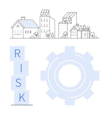 Güneş panelleri olan kentsel binalar, RISK ve dişli simgelerini gösteren yığılı harfler. Sürdürülebilirlik, yenilik, enerji, risk yönetimi, kalkınma ve soyut çevre dostu çözümler için ideal