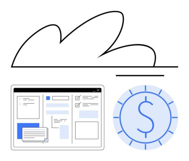 Web arayüzü üzerindeki bulut yapısı ve dolar işaretli madeni para ikonu dijital çözümleri, işbirliği ve finans yönetimini temsil ediyor. Bulut bilgisayarı, fintech, SaaS, dijital için ideal