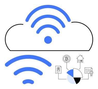Bulut ana hatları bulut tabanlı bağlantıları temsil eden, veri, finans, emlak ve analitik ikonları içeren kablosuz sinyaller. Teknoloji, yönetim, engelleme zinciri, IOT uzaktan çalışma için ideal
