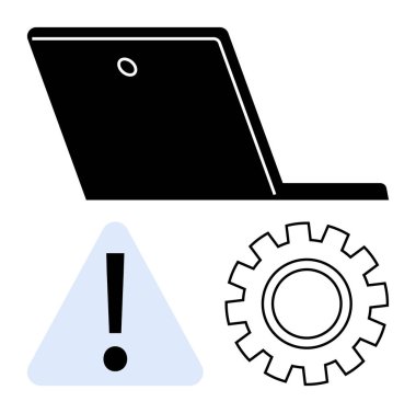 Üçgen uyarı işareti ve teçhizatlı dizüstü bilgisayar, teknik sorun, sistem bakımı veya sorun çözme sürecini gösteriyor. IT yönetimi için ideal, hata iletileri, teknoloji uyarıları, siber güvenlik