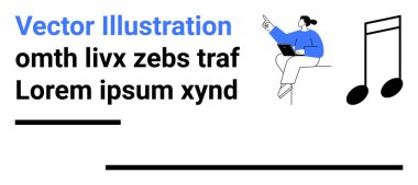 Dizüstü bilgisayarı olan, işaret eden, büyük bir müzik notası olan, yer tutucu bir metin. Müzik uygulamaları, iletişim, yaratıcılık, öğrenme, minimum tasarım modern markalaşma sayfası için idealdir.