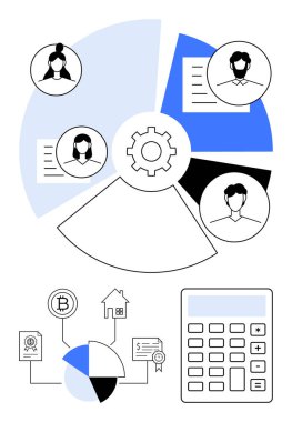 Merkez bağlantıları takım profilleri, pasta grafikleri, finansal simgeler, ev ikonu, sertifika görselleri, işbirliği görevleri için hesap makinesi, finans, konut ve blok zinciri. Takım çalışması finansmanı için ideal
