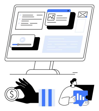 Multimedya, e-posta ve veri analizleriyle bilgisayar ekranı. Madeni parayı tutan bir el ve çizelgeleri analiz eden bir insan. Finans, iş, üretkenlik, analitik, teknoloji pazarlaması için ideal