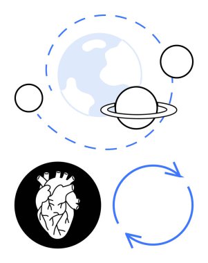 Etrafında gezegenler ve yörüngeler olan dünya, anatomik kalp ikonu ve iki mavi ok daireler çiziyor. Bilim, biyoloji, tıp, astronomi, sürdürülebilirlik bağlantılarının geri dönüşümü için ideal. Düz