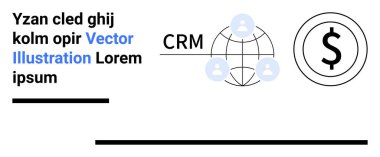 Küresel bir hatla bağlı kullanıcı simgelerine ve cesur para birimi sembolüne sahip CRM ağı iş ve mali kavramları vurguluyor. Müşteri yönetimi, finans, takım çalışması, ağ oluşturma ve iş için ideal