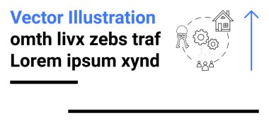 Soyut tasarım, takım işbirliği, ayarlar, ev simgesi ve yukarı doğru ok kombinasyonu. Takım çalışması, iş büyümesi, emlak, yenilik, çözümler proje yönetimi ve basit