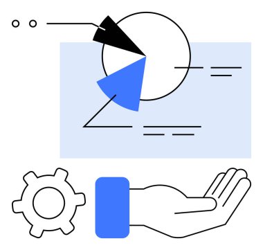 Verileri analiz eden pasta grafiği, süreç verimliliğini sembolize eden dişliler ve el desteği. İş stratejisi, takım çalışması, veri analizi, yenilik, hizmet, yönetim işbirliği için ideal