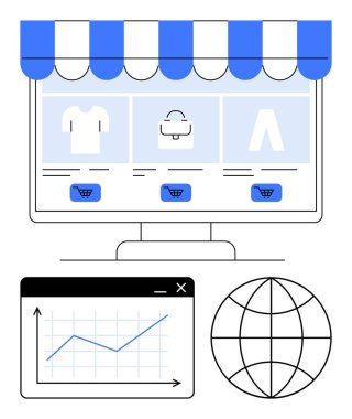 E-ticaret ekranlı bilgisayar monitörü, vitrin güneşliği, alışveriş grafikleri, harita analizleri ve bir dünya. Çevrimiçi perakende satış, veri analizi, e-ticaret pazarlaması, küresel iş satışları için ideal