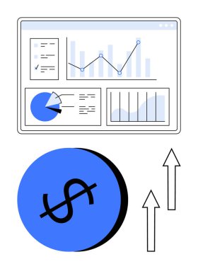Veri paneli çubuk, çizgi ve pasta grafiklerini gösteriyor. Mavi dolar işareti ve yukarı çıkan oklar büyüme yörüngesini vurguluyor. Finans, ekonomi, iş dünyası ve istatistikler için ideal bir veri ilerleme başarısı. Düz