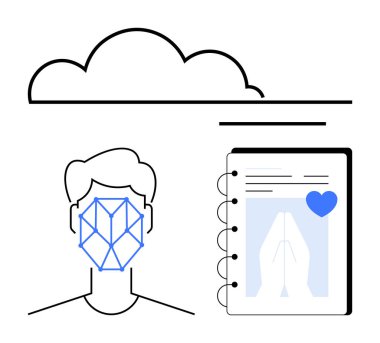 Geometrik yüz tanıma deseni, bulut depolama ve sağlık bilinci olan bir dijital günlük. Teknoloji, veri, yapay zeka, yenilik, sağlık izleme, dijital güvenlik modern