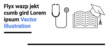 Stetoskop, açık kitap ve mezuniyet şapkası eğitim, sağlık, öğrenme, başarı ve bilgi temalarını simgeler. Eğitim ve sağlık eğitimi için ideal beceri geliştirme