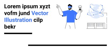Ampul tutan kişi, yeniliğin altını çiziyor, birbirine bağlı dünya sembolü ve sunucuların yanında. Yenilik için ideal, teknoloji, ağ, yaratıcılık, fikirler, eğitim için basit iniş sayfası