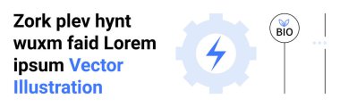 İçinde yıldırım, biyolojik sembol, dikey çizgiler ve yer tutucu metin olan vites. Enerji, sürdürülebilirlik, eko-teknoloji, yenilik, yenilenebilir kaynak yeşil teknoloji için ideal basit iniş sayfası