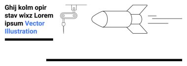 Roket, mekanik bir kol tarafından desteklenen hız çizgileriyle ileri doğru uçuyor. Teknoloji, yenilik, bilim, mühendislik, uzay, girişim ve basit bir iniş sayfası için ideal
