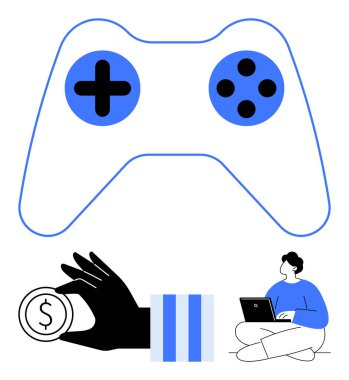 Kumar kumandası, bir el tarafından tutulan para ve dizüstü bilgisayar kullanıcısı bacak bacak üstüne atmış. Oyun için ideal, çevrimiçi ekonomi, uzak çalışma, esportlar, yaratıcılık teknolojisi yatırımı. Düz basit metafor