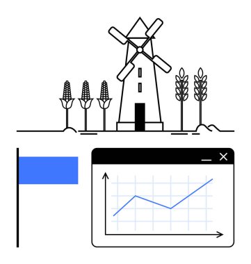 Mısır tarlaları yakınındaki yel değirmeni tahıl ekinleri, dijital pencerede yükselen mavi trend grafiği. Tarım, enerji, sürdürülebilirlik, veri analizi, eko-ticaret, yenilik, düz basit metafor için ideal
