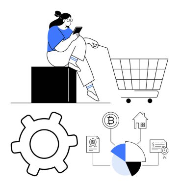 El arabasının yanında seyyar bir cihazla oturan, diyagramlar, çizelgeler, ekipman ikonları, kripto para ve gayrimenkul ile çevrili biri. Ecommerce, fintech ve veri planlama stratejisi için ideal