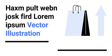 Yukarıdaki okun yanındaki alışveriş torbası gelişme ve büyümeyi gösteriyor. Yer tutucu metin örnek tasarımı önerir. E-ticaret, perakende, çevrimiçi dükkan, ilerleme, büyüme, tasarım, basit iniş sayfası için ideal