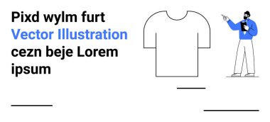 Tableti tutan adamı gösteren tişört çizimi. Moda, tasarım, sunum, eğitim, perakende satış, basit iniş sayfası için ideal. Çizgi benzetmesi. Basit satır simgeleri