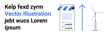 Rüzgâr türbini ve yukarı doğru ok ile birlikte çevreye duyarlı büyümeyi sembolize eden mobil vites. Yenilenebilir enerji, e-ticaret, yenilik, sürdürülebilirlik, temiz enerji ve çevre için ideal