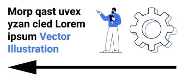 İş adamı elinde bir defter, büyük vites simgesi ve yönü ya da iş akışını simgeleyen bir ok tutarken işaret ediyor. İş için ideal, takım çalışması, strateji, süreç, yönetim, basit iniş talimatı