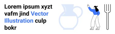 Yukarıyı gösteren bir kadın, büyük boy çatal ve modern düzende yer tutucu metni olan bir sürahi. Yaratıcılık, yemek, yaşam tarzı, tasarım, minimalizm, eğitim için ideal basit iniş sayfası