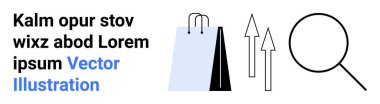 Alışveriş torbası, yukarı bakan oklar ve büyüteç büyüme, analiz ve keşfe işaret ediyor. İş, e-ticaret, pazarlama, analiz araştırma süreci için ideal basit bir iniş sayfası