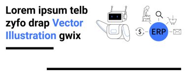 ERP fikrinin yanında analitik, alışveriş arabası, e-posta ve arama için ikonlar olan gülümseyen robot fikri. Otomasyon, ERP sistemi, iş süreçleri, e-ticaret, teknoloji yeniliği için ideal basit iniş