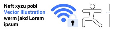 Kilitli kablosuz bir sembolün yanında çalışan soyut bir figür. Teknoloji, ağ güvenliği, dijital bağlantı, gizlilik, veri koruması, uzaktan çalışma ve basit bir iniş sayfası için ideal