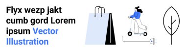 Kadın, alışveriş torbaları ve minimalist ağaç ikonu yanında elektrikli scooter kullanıyor. Sürdürülebilirlik için ideal, modern yaşam tarzı, eko-ulaşım, alışveriş, teknoloji, minimalizm, basit iniş