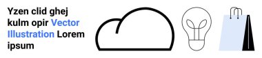 Minimalist bulut, ampul ve alışveriş çantası görselleri yenilik, alışveriş, sürdürülebilirlik, yaratıcılık, beyin fırtınası, teknoloji, basit bir iniş sayfası için ideal