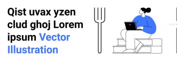 Merdivenlerde dizüstü bilgisayarda çalışan kadın kalın yazı ve çatal grafikle oturuyor. Eğitim, iş verimliliği, teknoloji, minimalist estetik, yaratıcı tasarım, yaşam tarzı, basit iniş sayfası için ideal