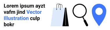 Alışveriş torbası, büyüteç ve e-ticareti çağrıştıran konum kodu, online arama, navigasyon, keşif, perakende satış, keşif yerel işletmeleri. E-ticaret uygulamaları için ideal pazarlama sade iniş