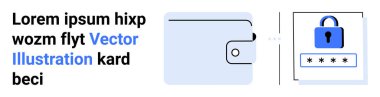 Cüzdan simgesi asma kilit ve şifre tutucuya bağlandı. Dijital güvenlik, çevrimiçi ödemeler, e-ticaret, giriş yetkilendirmesi, fintech, mahremiyet, para yönetimi, basit iniş sayfası