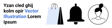 Mavi röfleli alışveriş çantası, siyah uyarı zili ve bağlı saçlı kadın avatar çizgisi. E-ticaret, kullanıcı profilleri, bildirimler, UI, alışveriş, iletişim sade iniş için ideal