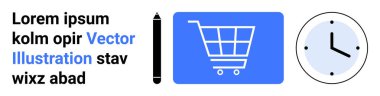 Alışveriş arabası ikonu, saat ve kalem vurgusu e-ticaret, zaman yönetimi, üretkenlik, dijital perakende ve çevrimiçi hizmetler. İş platformları için ideal, uygulamalar için dijital pazarlama basit