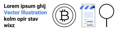 Şifreleme, engelleme zinciri, finans, e-ticaret, çevrimiçi işlemler, araştırma ve basit bir iniş sayfası için dijital mağaza önü grafik ve büyüteç yanında Bitcoin logosu