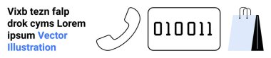 Telefon alıcısı, ikili kod bloğu ve alışveriş torbası iletişimi, teknolojiyi, perakendeciyi ve alışveriş fikirlerini görsel olarak birleştiriyor. E-ticaret, telekomünikasyon, dijital güvenlik müşterilerinin kodlanması için ideal