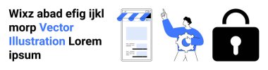 Kullanıcı, güvenlik kilidi görüntüsünün yanındaki mobil bir mağazayı işaret ediyor. Siber güvenlik, e-ticaret, teknoloji, çevrimiçi alışveriş, mobil uygulamalar, kullanıcı deneyimi, basit iniş sayfası için ideal