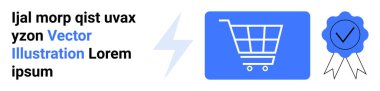 Alışveriş arabası ikonu, sertifika rozeti, verimlilik ve güven için yıldırım. E-ticaret, çevrimiçi alışveriş, kalite güvencesi, hızlı ulaşım, güven binası, güvenli işlemler için ideal
