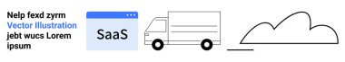 SaaS platform simgesi, dağıtım kamyonu ve bulut depolama ikonu teknolojiyi, lojistiği ve bulut çözümlerini vurguluyor. SaaS, lojistik, bulut hesaplama, dağıtım dijital platformları için ideal