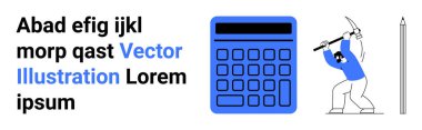 Erkek işçi, büyük bir hesap makinesinin yanında kazma sallıyor ve kalem ve yer tutucu metni var. Finans, üretkenlik, emek, minimalizm, yaratıcılık, araçlar için ideal, basit iniş sayfası