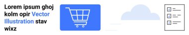 Alışveriş arabası ikonu, bulut grafiği ve kontrol listesi dijital alışveriş, görev yönetimi ve bulut deposunun altını çiziyor. eCommerce, verimlilik, bulut hizmetleri, UX planlama organizasyonu için ideal